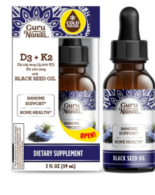 GuruNanda Cold Pressed Black Seed Oil with Vitamin D3, E & K2 - for Skin, Bone & Immune Health - 2 fl oz