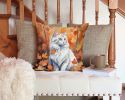 Turkish Angora Cat in Fall Leaves Throw Pillow Machine Washable, Indoor Outdoor Decorative Pillow for Couch, Bed or Patio, 14Hx14W